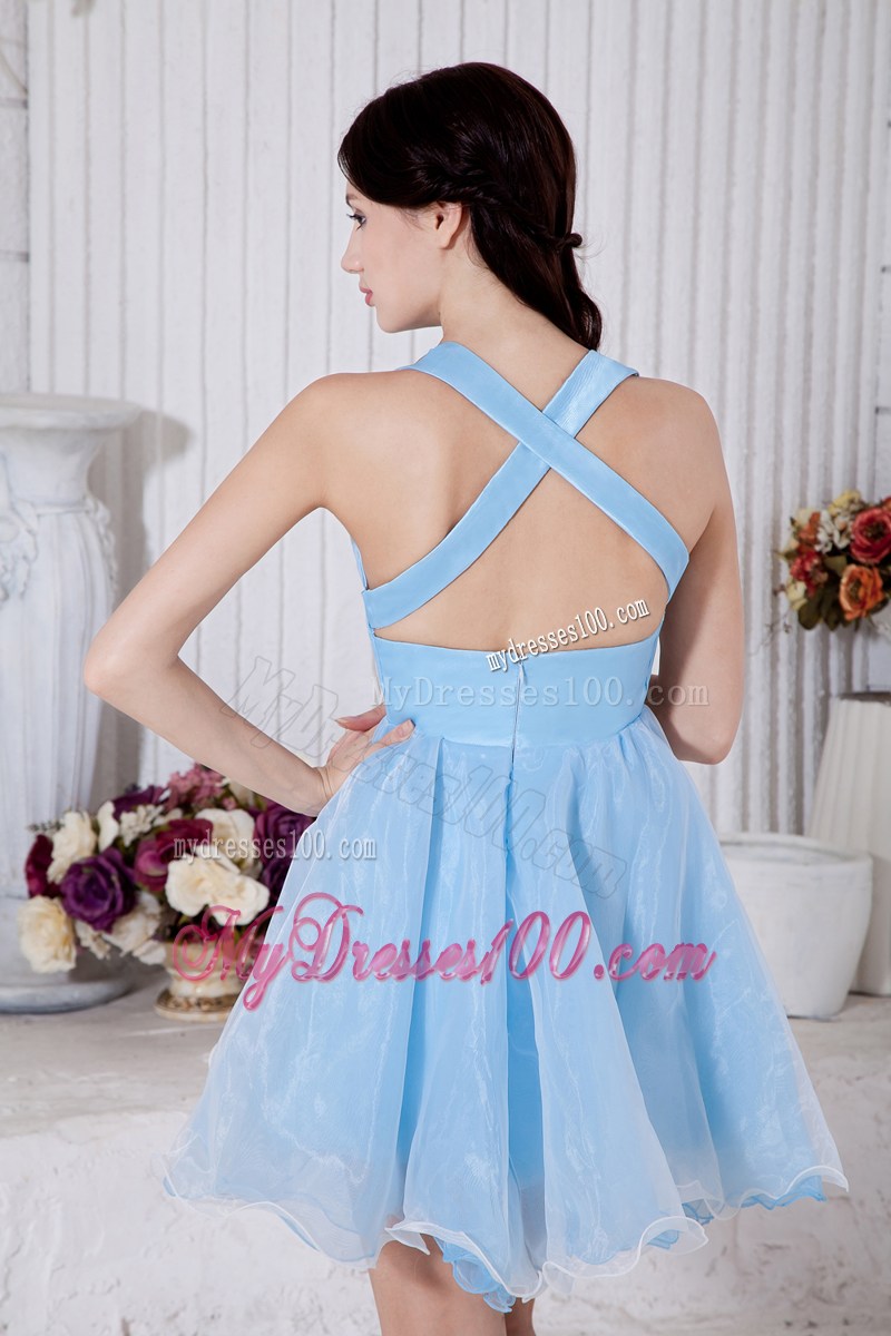 Sky Blue Princess V-neck Mini-length Pleat Prom Homecoming Dress