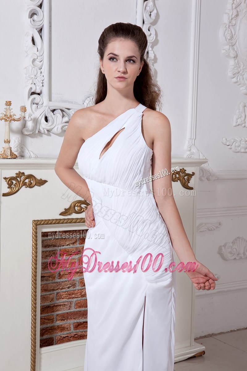 White Column Sheath One Shoulder Ruching Homecoming Dresses