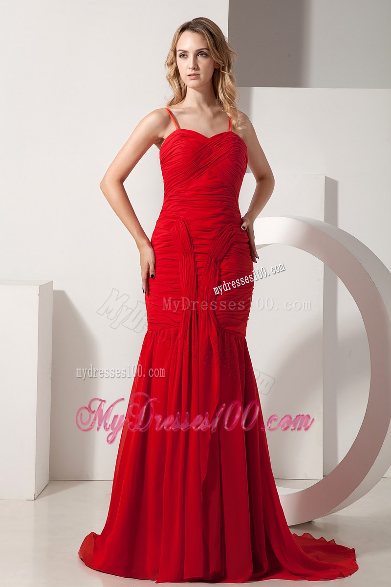 Red Mermaid Spaghetti Straps Brush Train Ruched Homecoming Dress