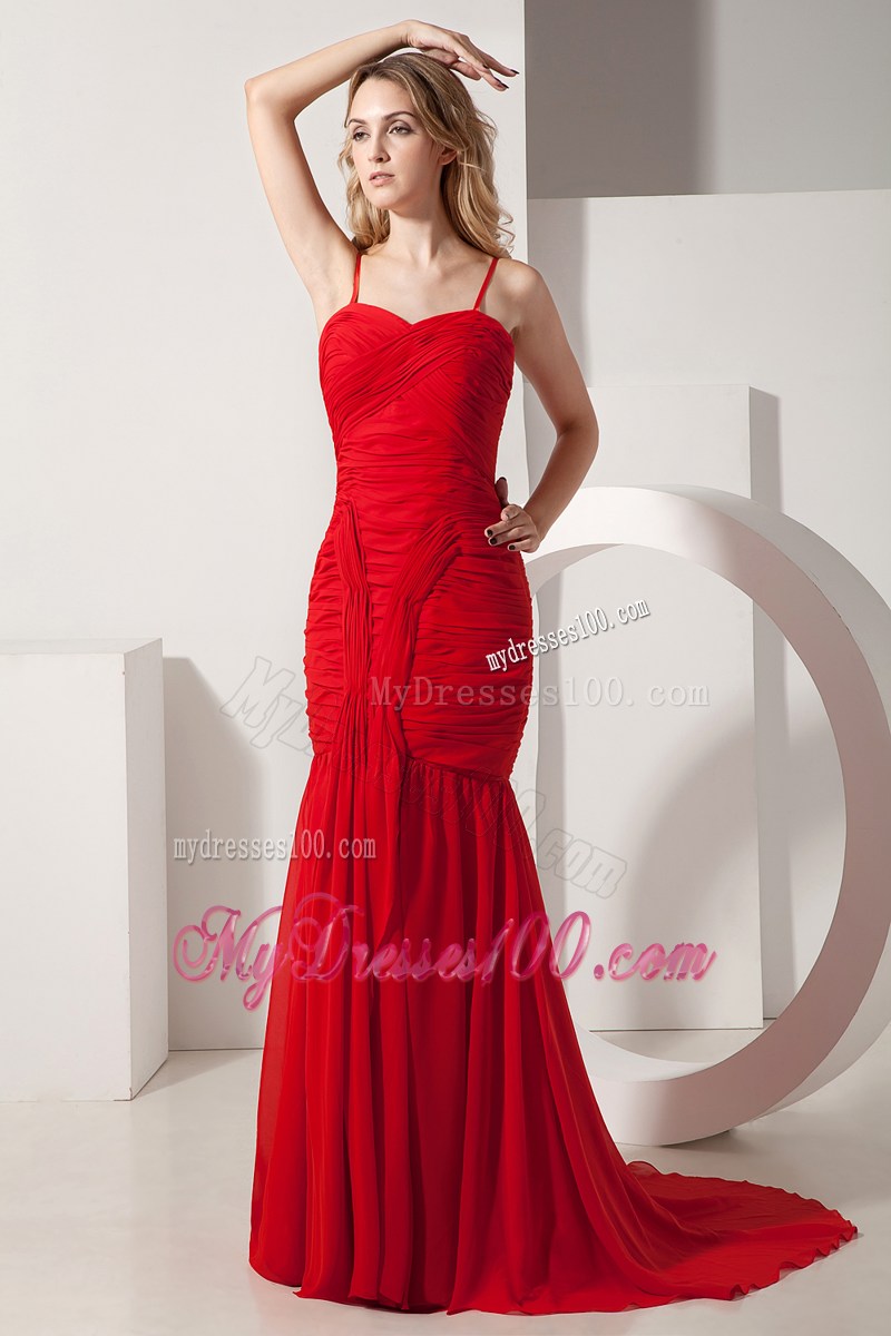 Red Mermaid Spaghetti Straps Brush Train Ruched Homecoming Dress