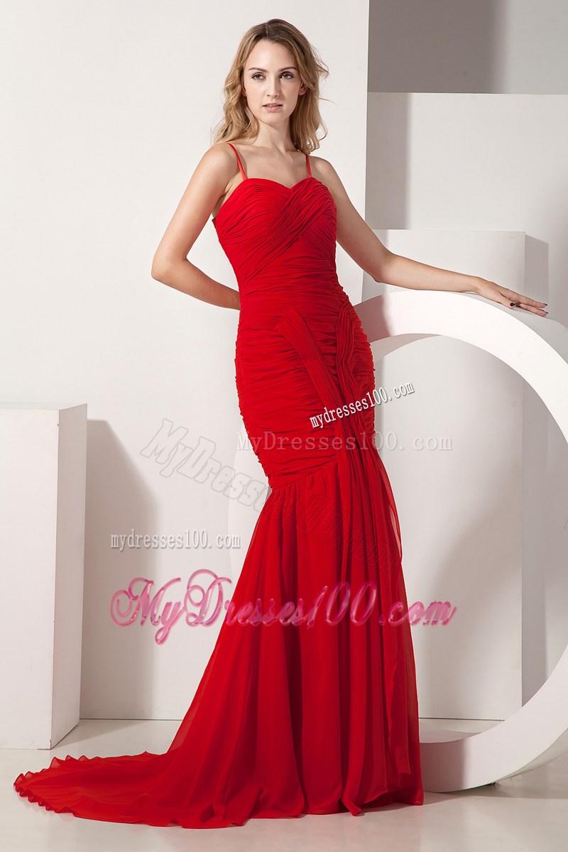 Red Mermaid Spaghetti Straps Brush Train Ruched Homecoming Dress
