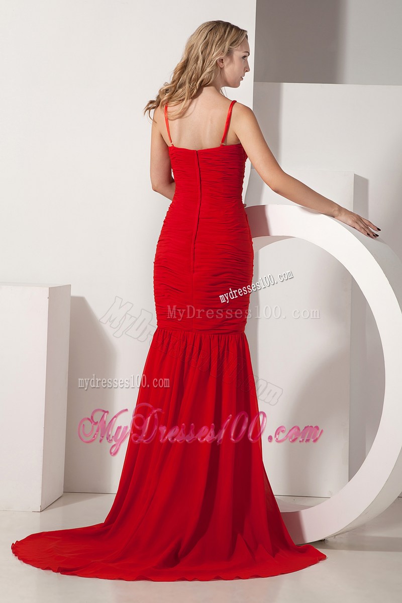 Red Mermaid Spaghetti Straps Brush Train Ruched Homecoming Dress