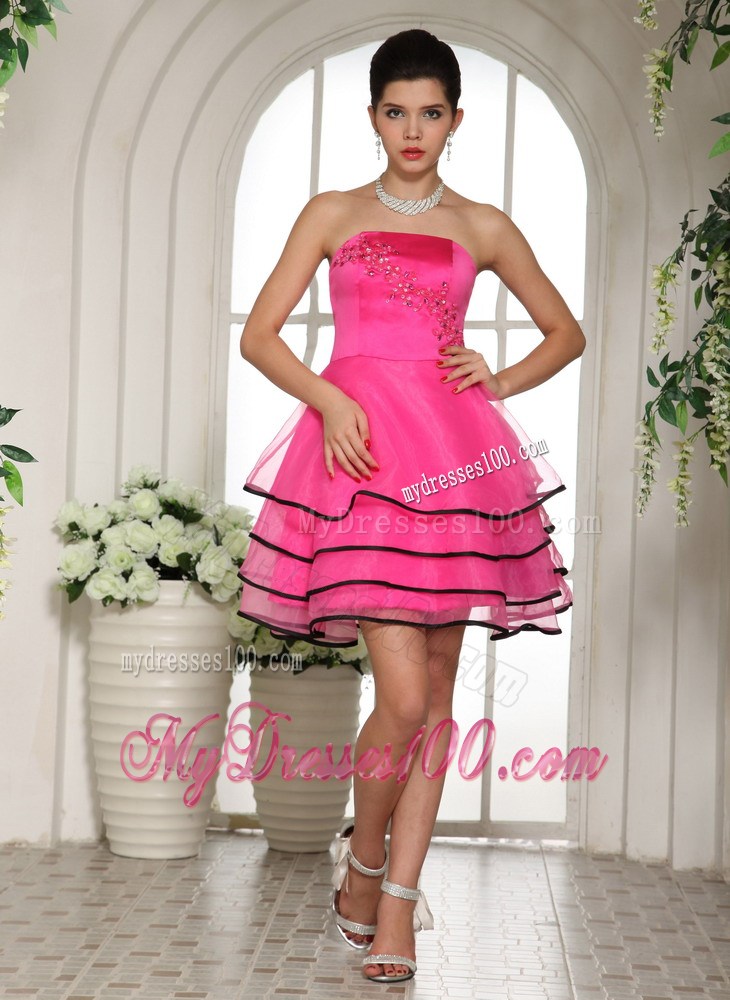 Hot Pink and Black Homecoming Dress With Appliques and Beading For Custom Made
