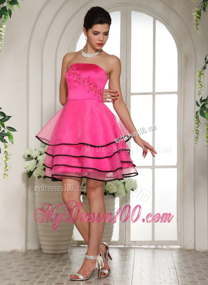 Hot Pink and Black Homecoming Dress With Appliques and Beading For Custom Made