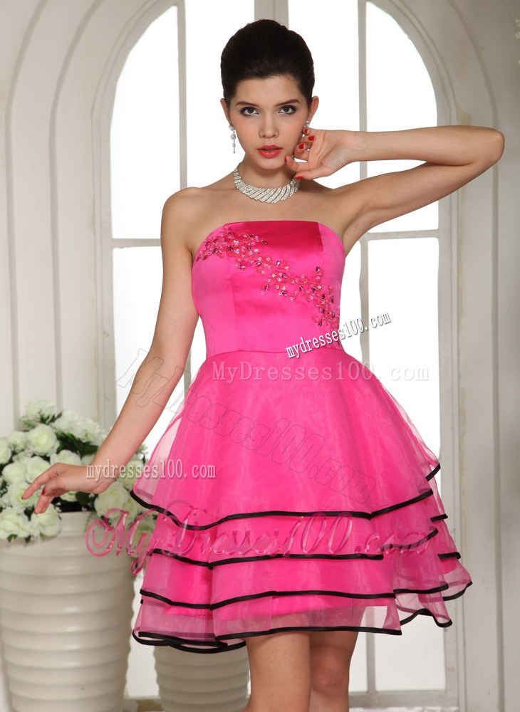 Hot Pink and Black Homecoming Dress With Appliques and Beading For Custom Made