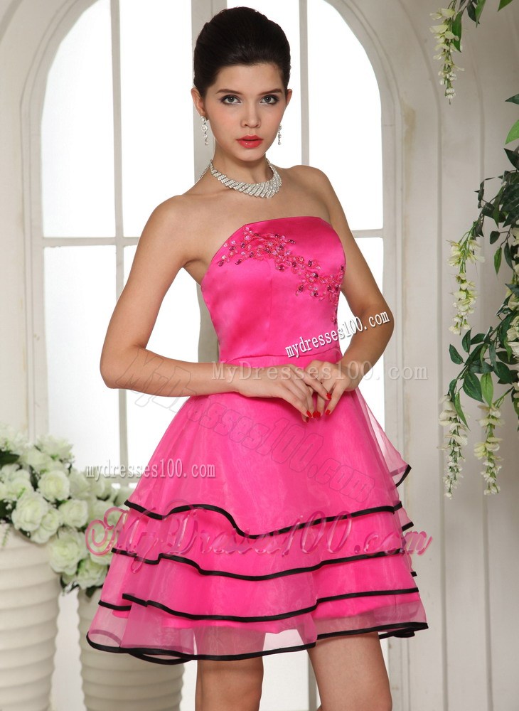 Hot Pink and Black Homecoming Dress With Appliques and Beading For Custom Made