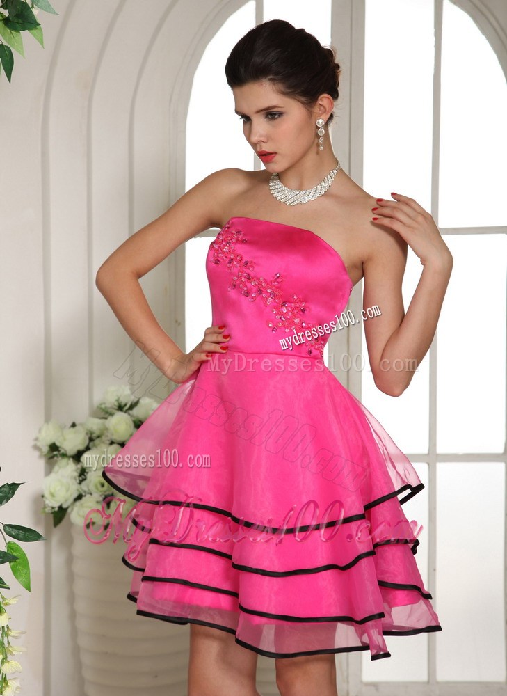 Hot Pink and Black Homecoming Dress With Appliques and Beading For Custom Made