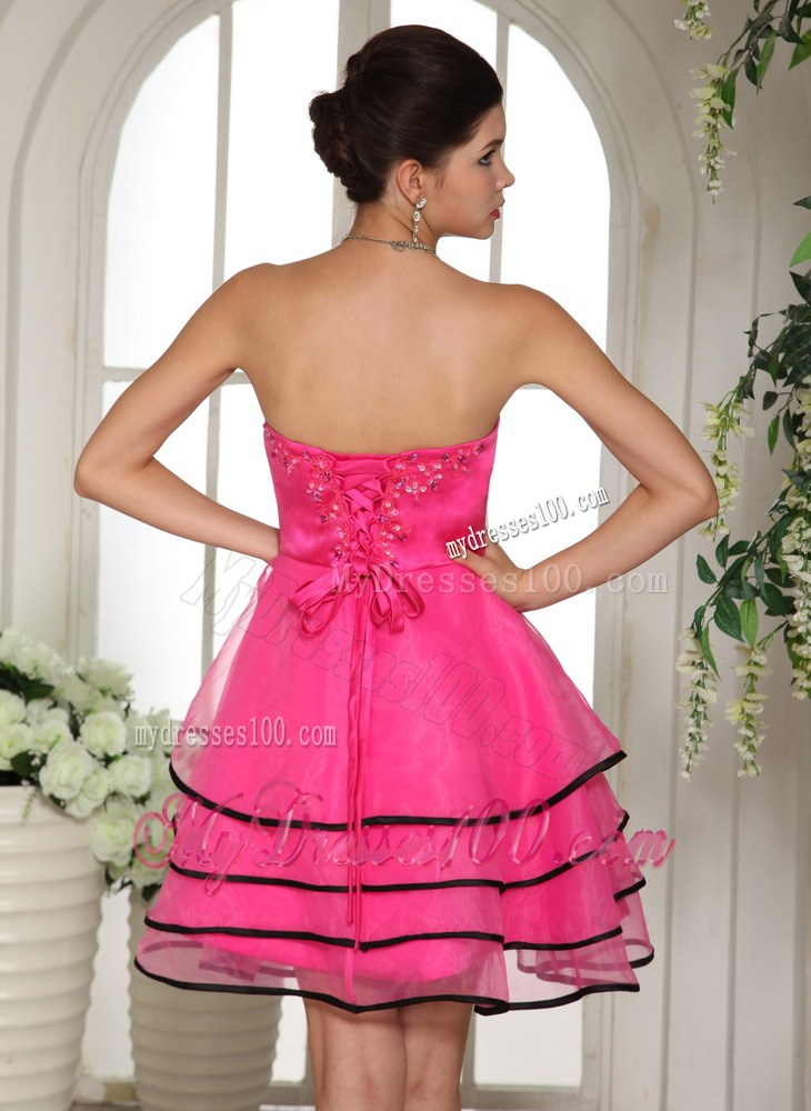 Hot Pink and Black Homecoming Dress With Appliques and Beading For Custom Made