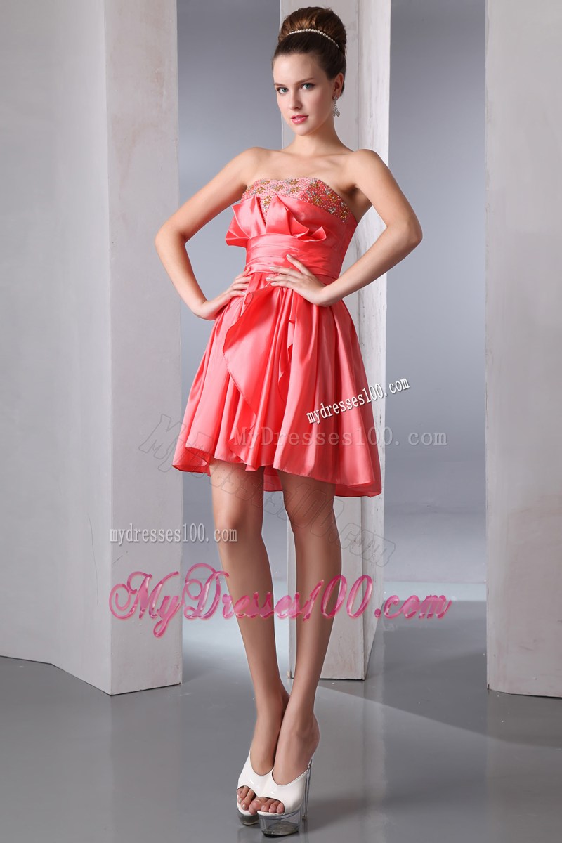 Watermelon Red Strapless Short Homecoming Dresses Beading