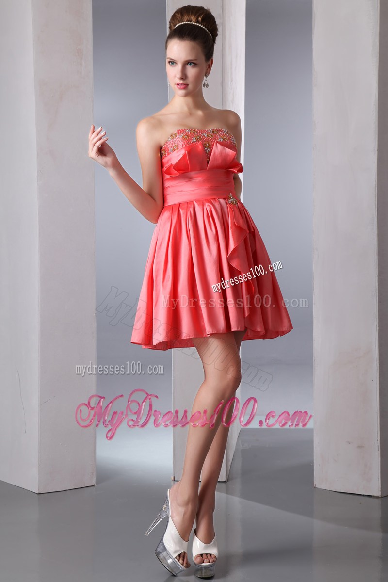 Watermelon Red Strapless Short Homecoming Dresses Beading