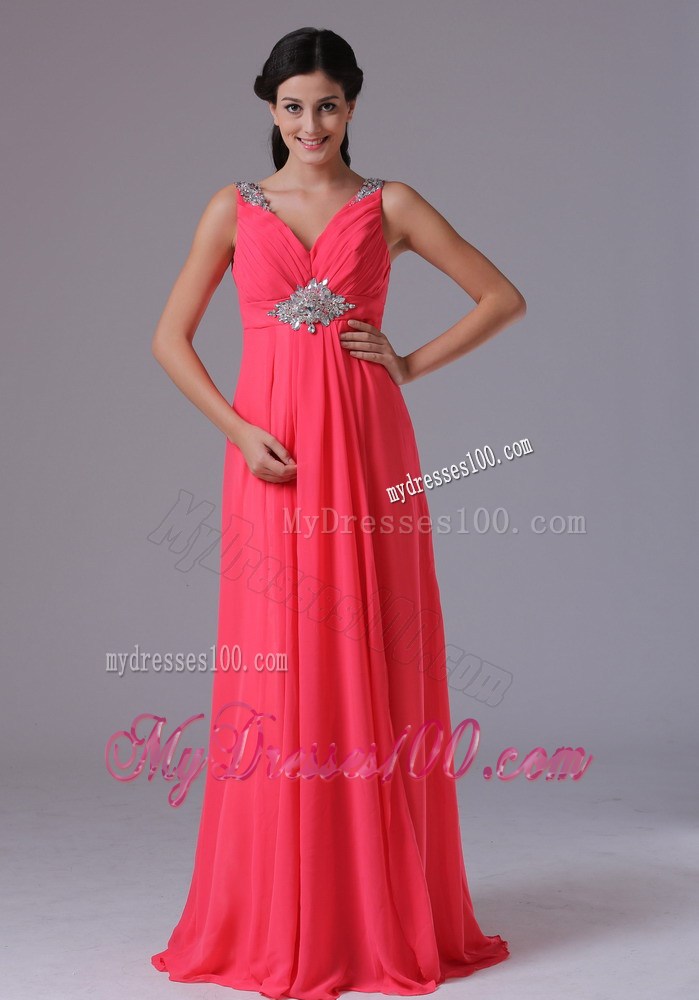 Coral Red V-neck Beading and Ruche Homecoming Dresses for 2013