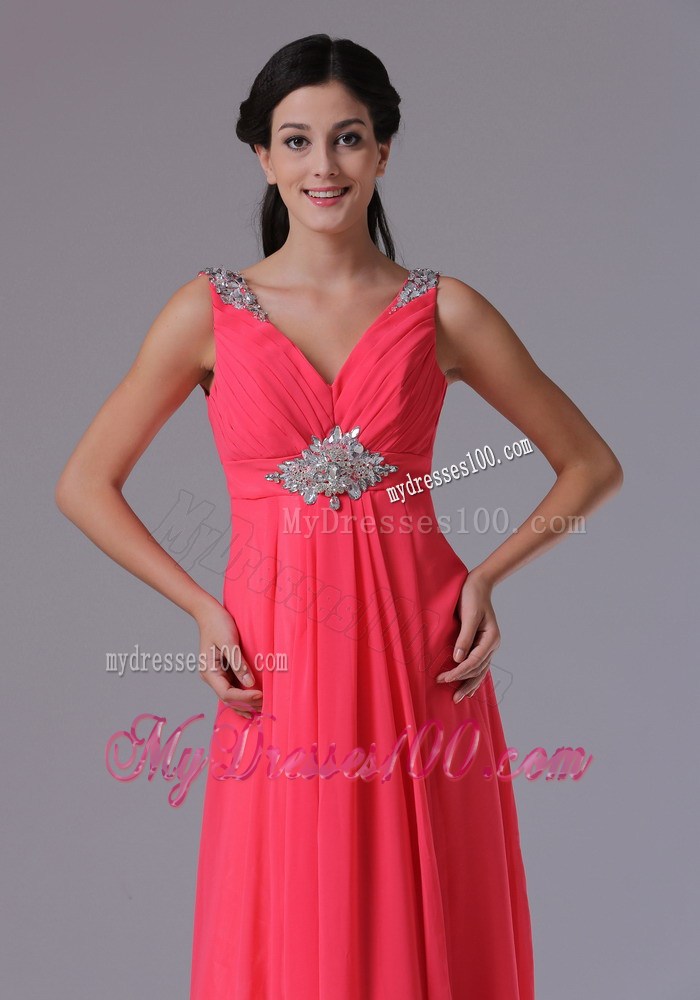 Coral Red V-neck Beading and Ruche Homecoming Dresses for 2013