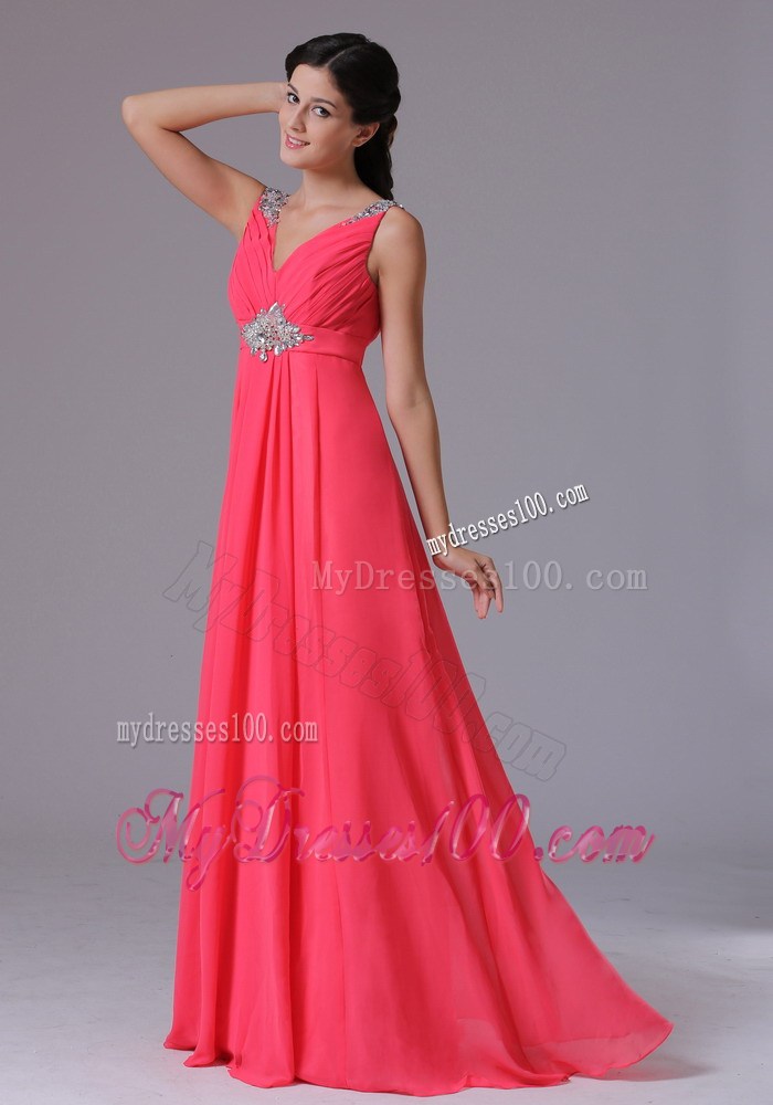 Coral Red V-neck Beading and Ruche Homecoming Dresses for 2013