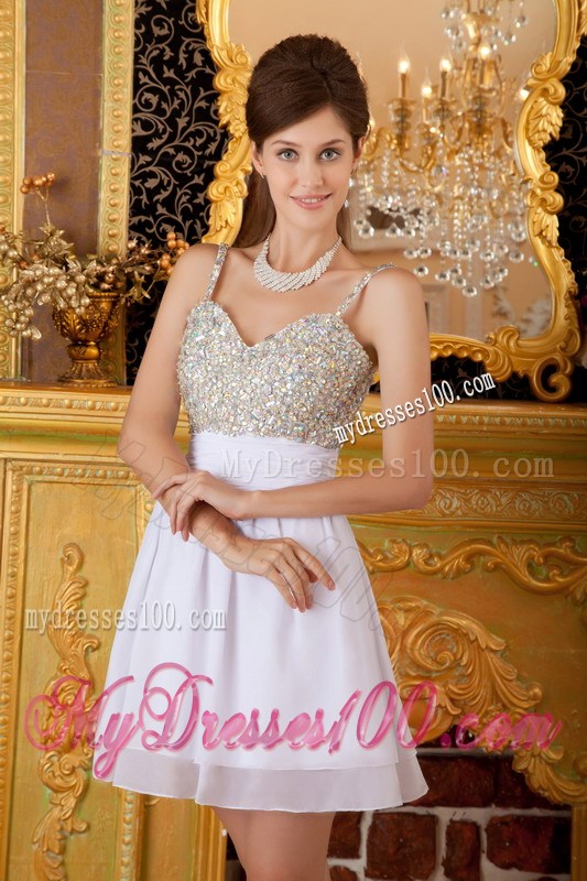 Lovely Straps Mini-length Beading White Homecoming Dresses