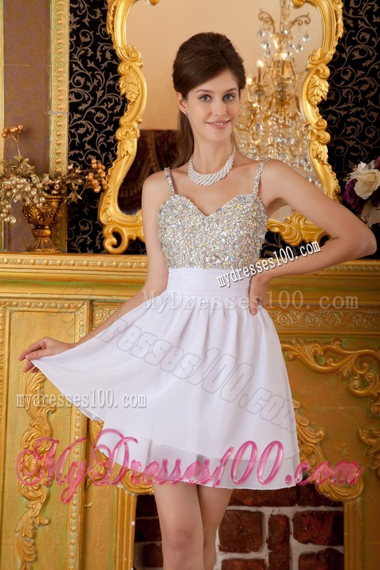 Lovely Straps Mini-length Beading White Homecoming Dresses