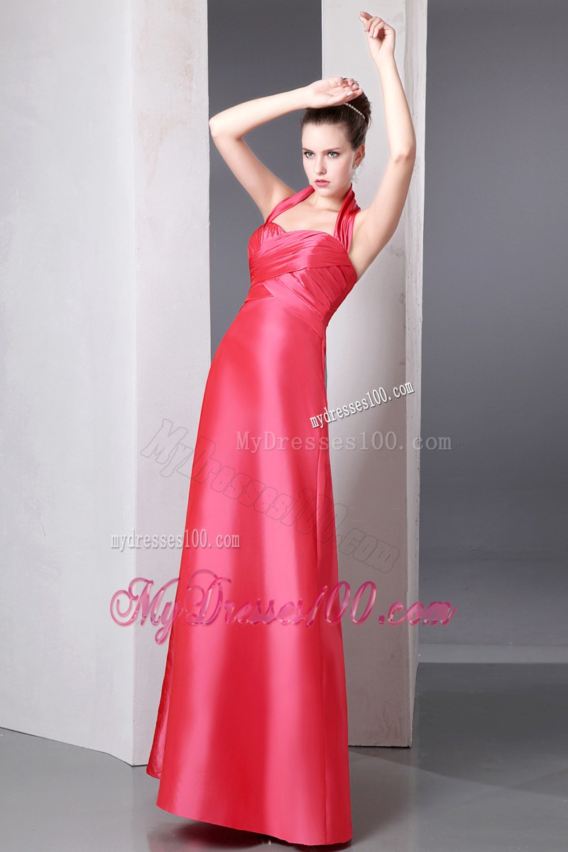 Coral Red Column Halter Ruched Homecoming Dresses Ankle-length