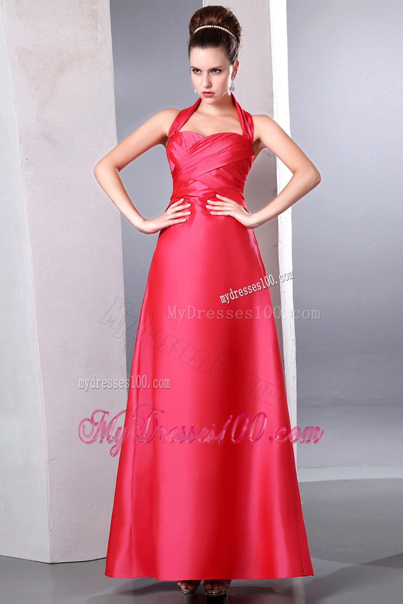 Coral Red Column Halter Ruched Homecoming Dresses Ankle-length