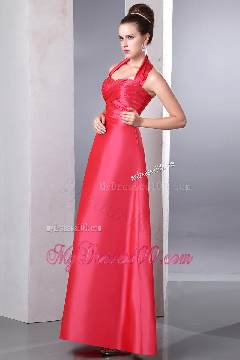 Coral Red Column Halter Ruched Homecoming Dresses Ankle-length