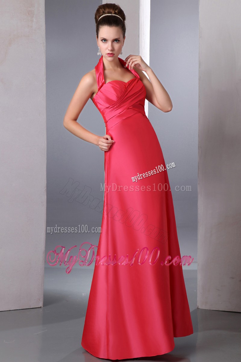 Coral Red Column Halter Ruched Homecoming Dresses Ankle-length