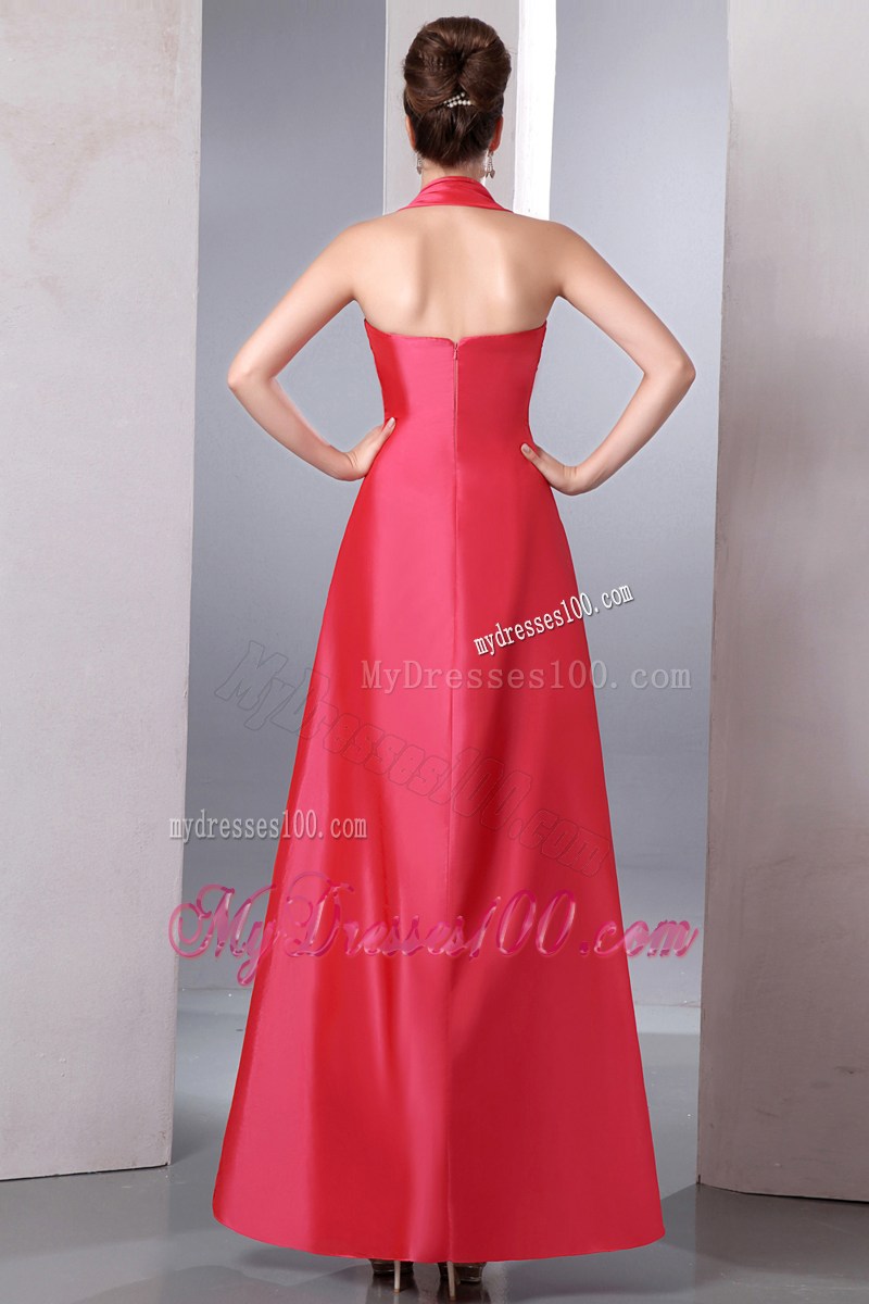 Coral Red Column Halter Ruched Homecoming Dresses Ankle-length