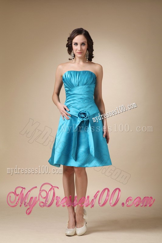 Turquoise Strapless Hand Made Flower Prom Homecoming Dress
