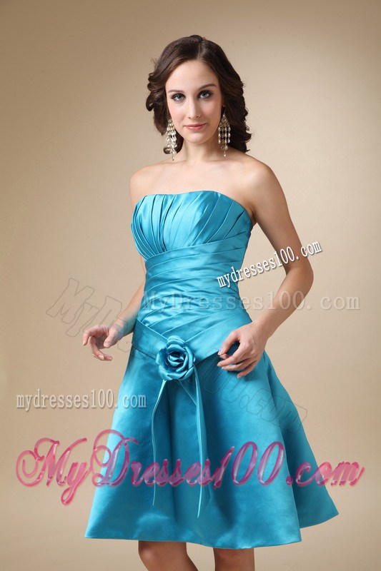 Turquoise Strapless Hand Made Flower Prom Homecoming Dress