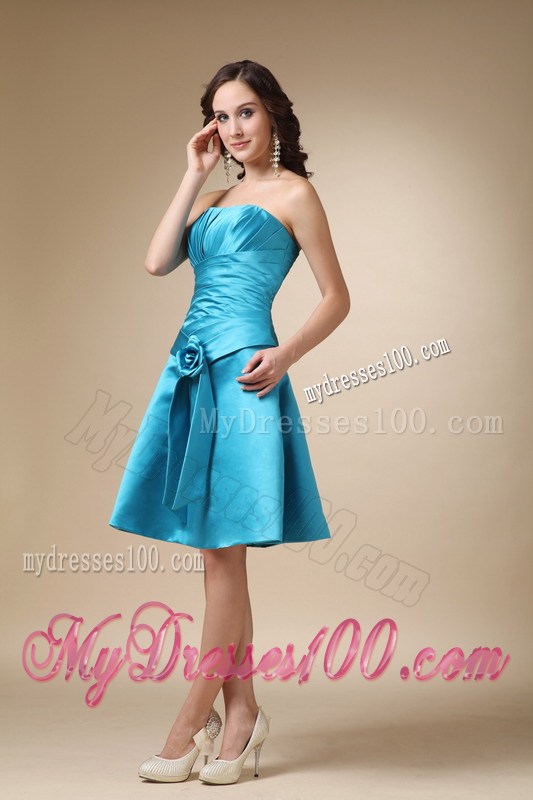 Turquoise Strapless Hand Made Flower Prom Homecoming Dress