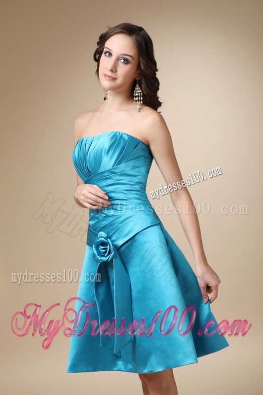 Turquoise Strapless Hand Made Flower Prom Homecoming Dress
