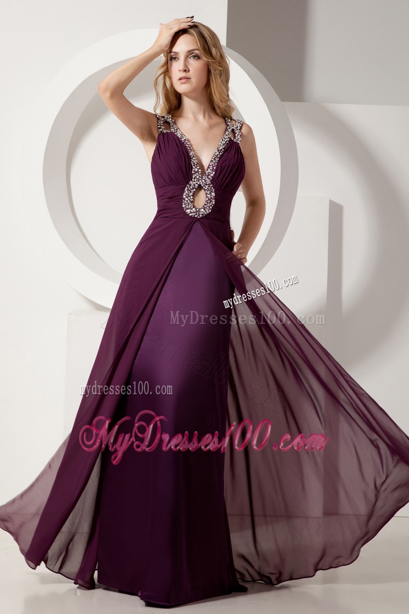 Dark Purple Homecoming Dress V-neck Beading and Ruching 2013