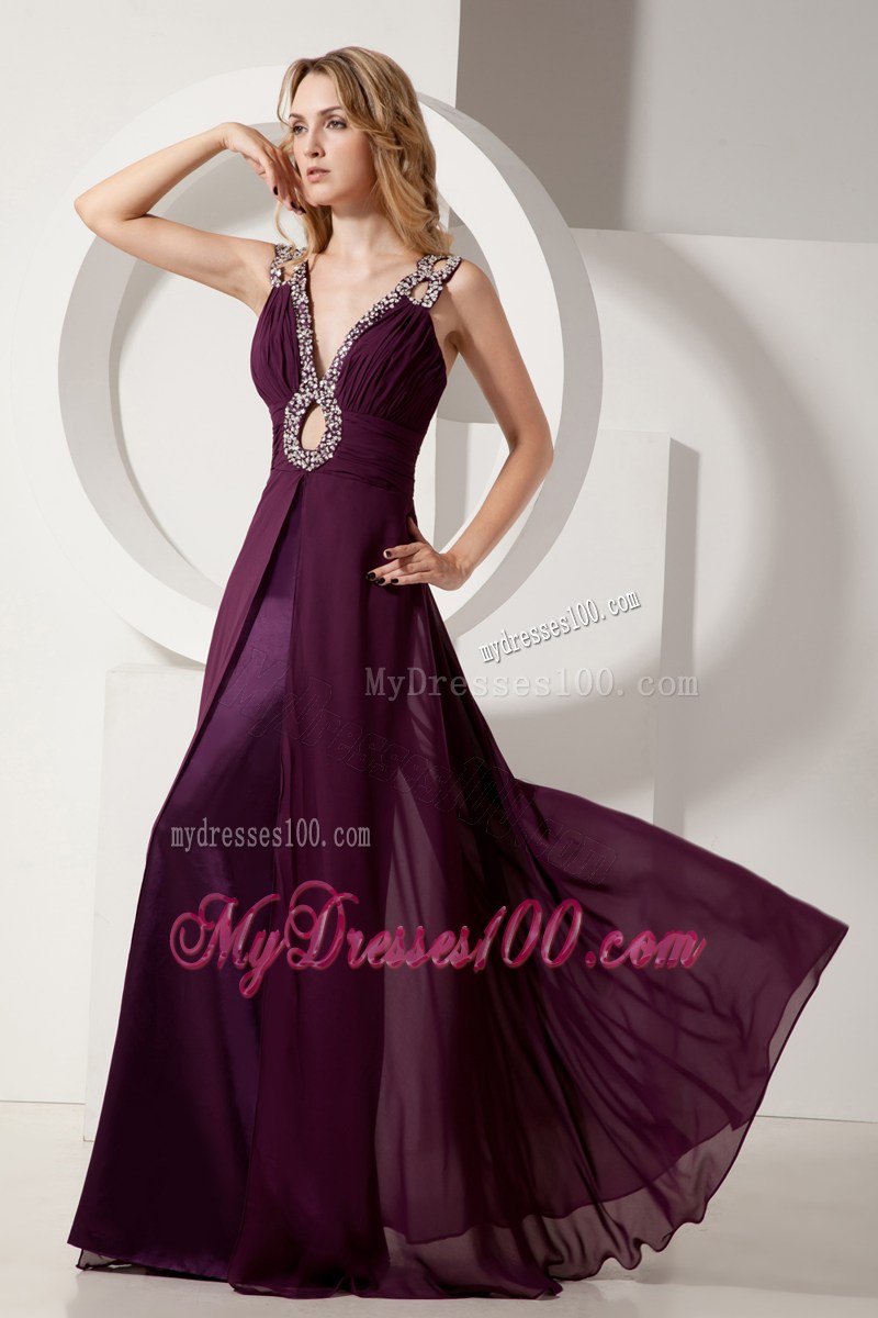 Dark Purple Homecoming Dress V-neck Beading and Ruching 2013