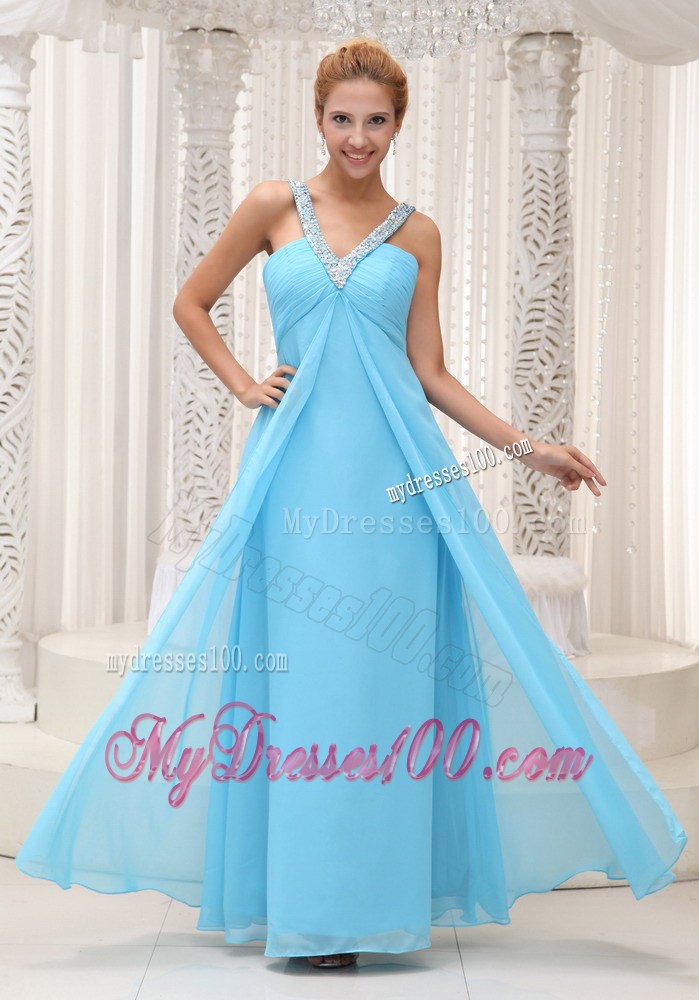 Beaded V-neck Ruched Aqua Blue Homecoming Dresses For 2013
