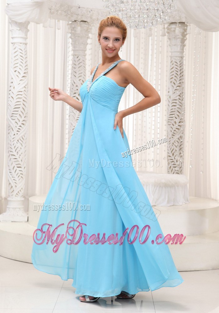 Beaded V-neck Ruched Aqua Blue Homecoming Dresses For 2013