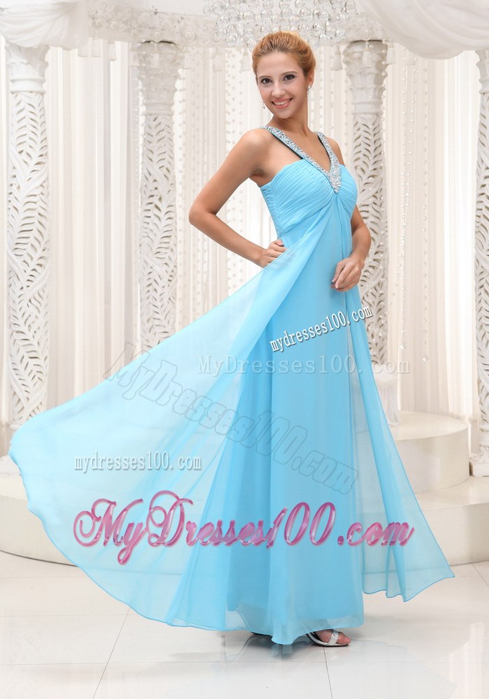 Beaded V-neck Ruched Aqua Blue Homecoming Dresses For 2013