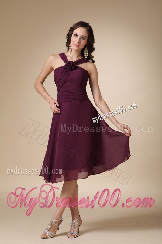 Dark Purple V-neck Homecoming Dresses with Hand Made Flower