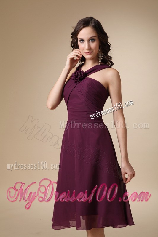 Dark Purple V-neck Homecoming Dresses with Hand Made Flower