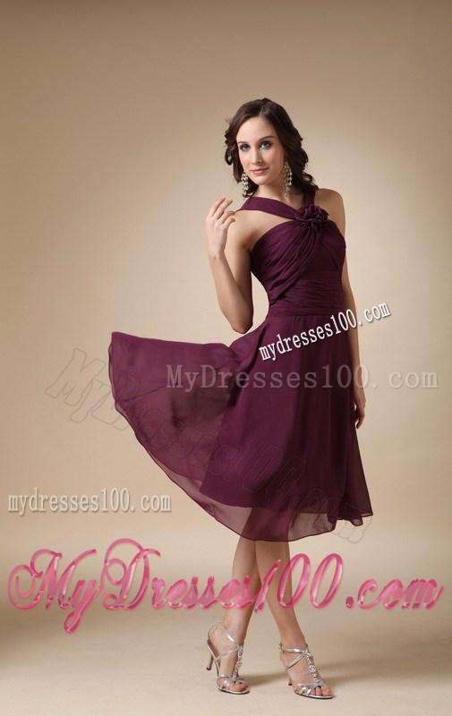 Dark Purple V-neck Homecoming Dresses with Hand Made Flower
