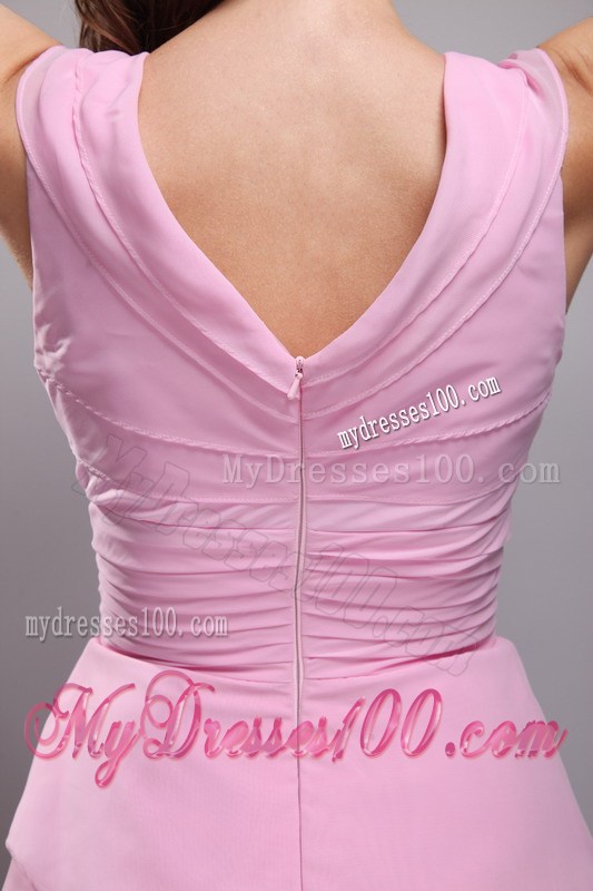 Pink Column V-neck Ruffled Layers Ruching Homecoming Dresses
