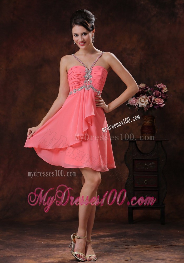 V-neck Watermelon Short Homecoming Dresses With Beaded Decorate