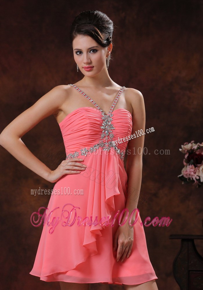 V-neck Watermelon Short Homecoming Dresses With Beaded Decorate