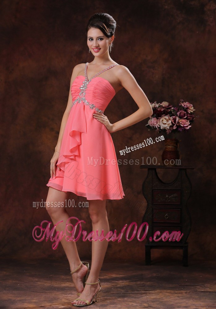 V-neck Watermelon Short Homecoming Dresses With Beaded Decorate