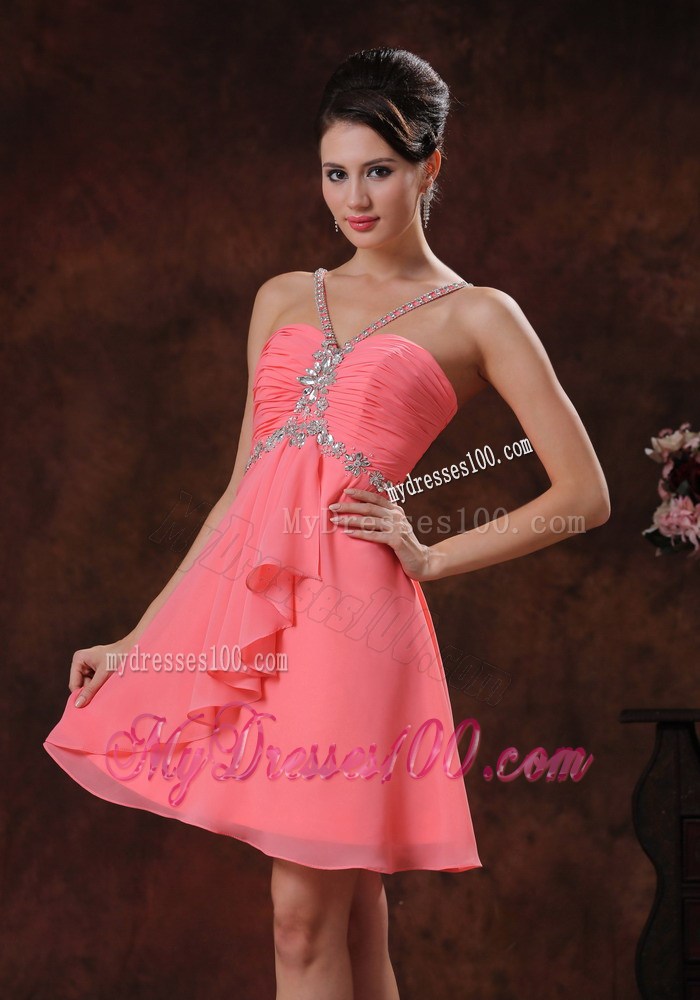 V-neck Watermelon Short Homecoming Dresses With Beaded Decorate