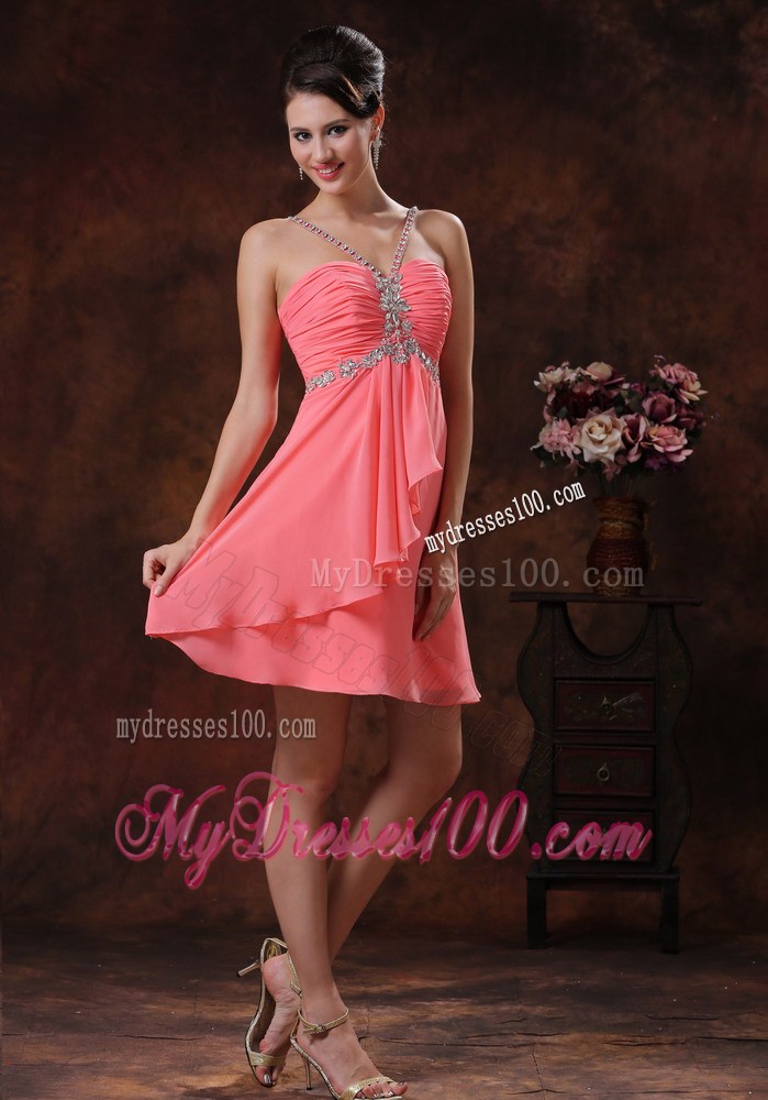 V-neck Watermelon Short Homecoming Dresses With Beaded Decorate