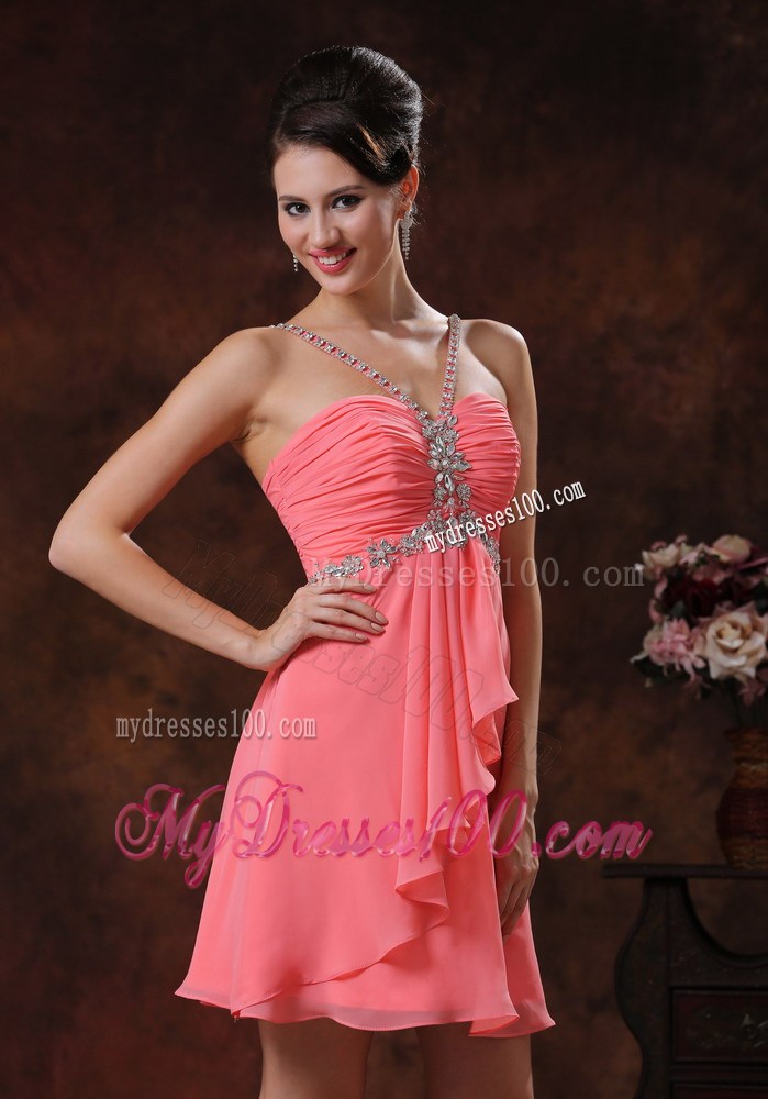 V-neck Watermelon Short Homecoming Dresses With Beaded Decorate