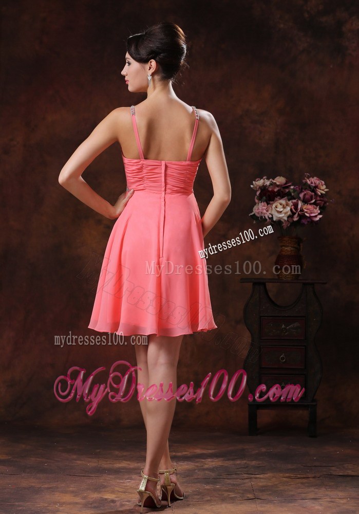 V-neck Watermelon Short Homecoming Dresses With Beaded Decorate