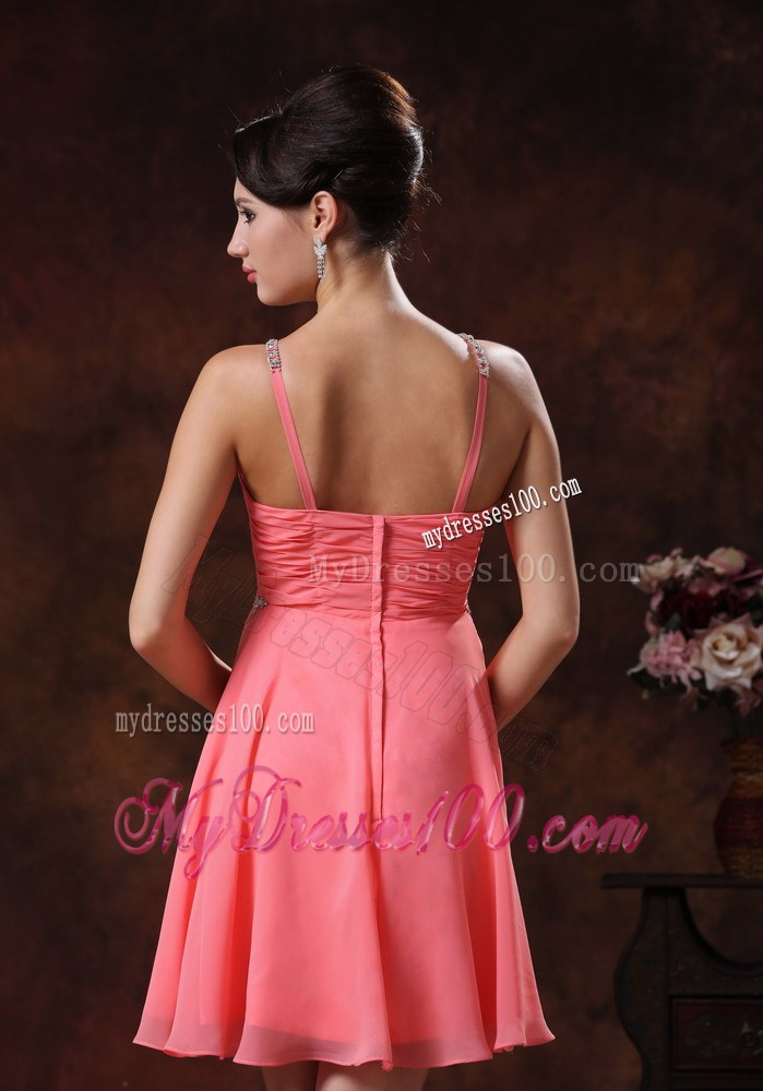 V-neck Watermelon Short Homecoming Dresses With Beaded Decorate