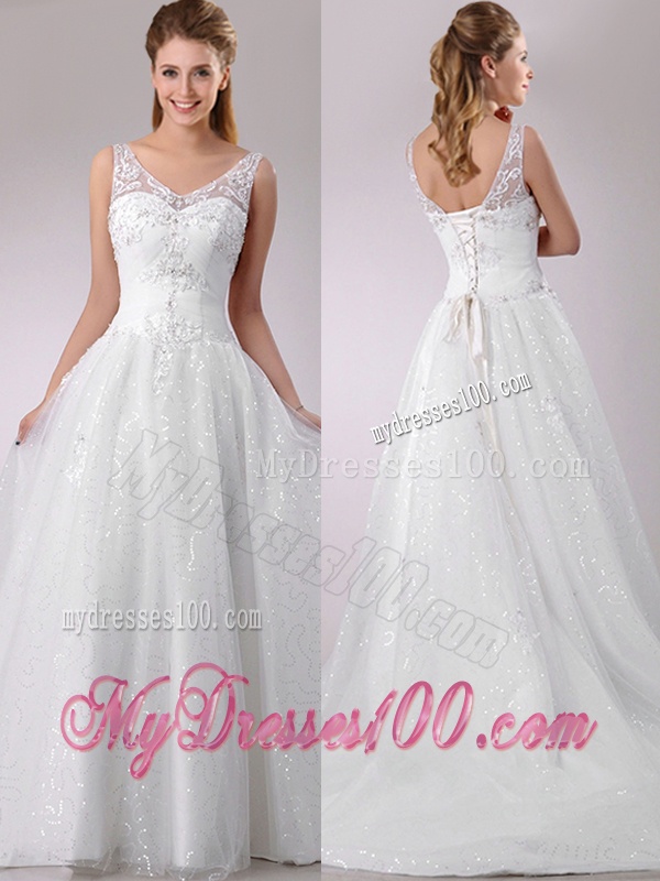 1The Super Hot A Line V Neck Court Train Beaded Wedding Dress in Tulle