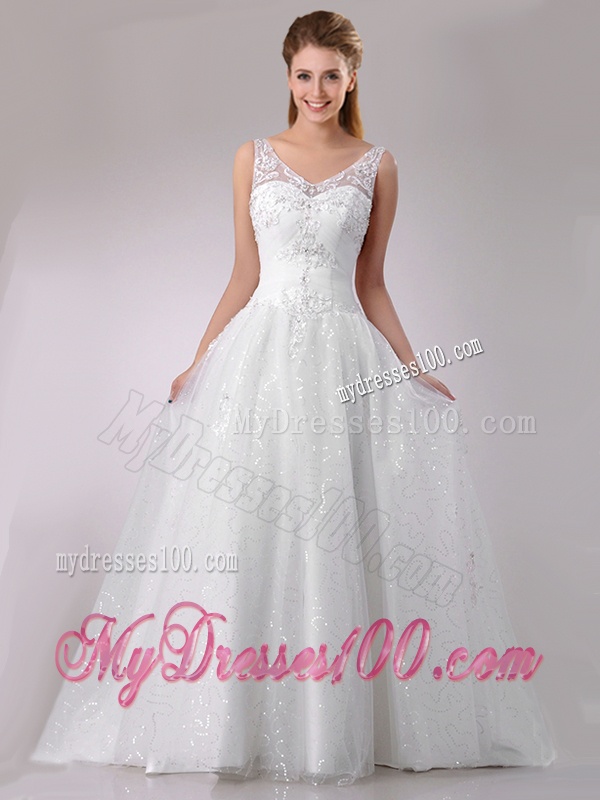 1The Super Hot A Line V Neck Court Train Beaded Wedding Dress in Tulle