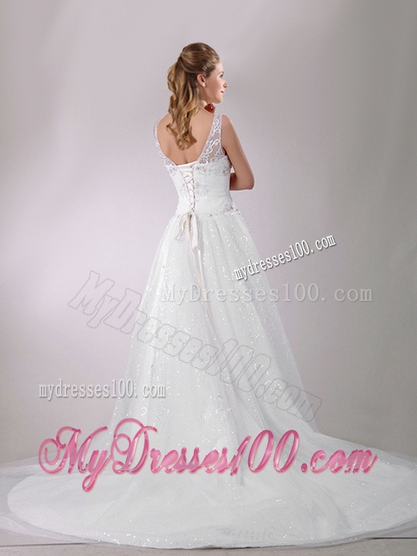 1The Super Hot A Line V Neck Court Train Beaded Wedding Dress in Tulle