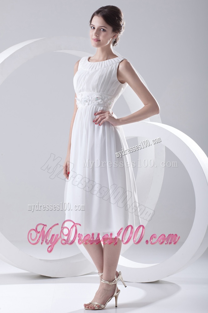 2016 Cheap Empire Scoop Tea-length Appliques Chiffon Wedding Dress