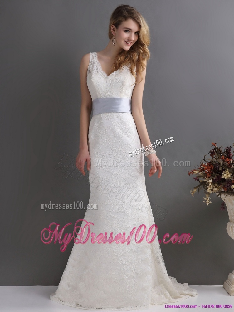 2016 Classical V Neck Lace and Sash Wedding Dress